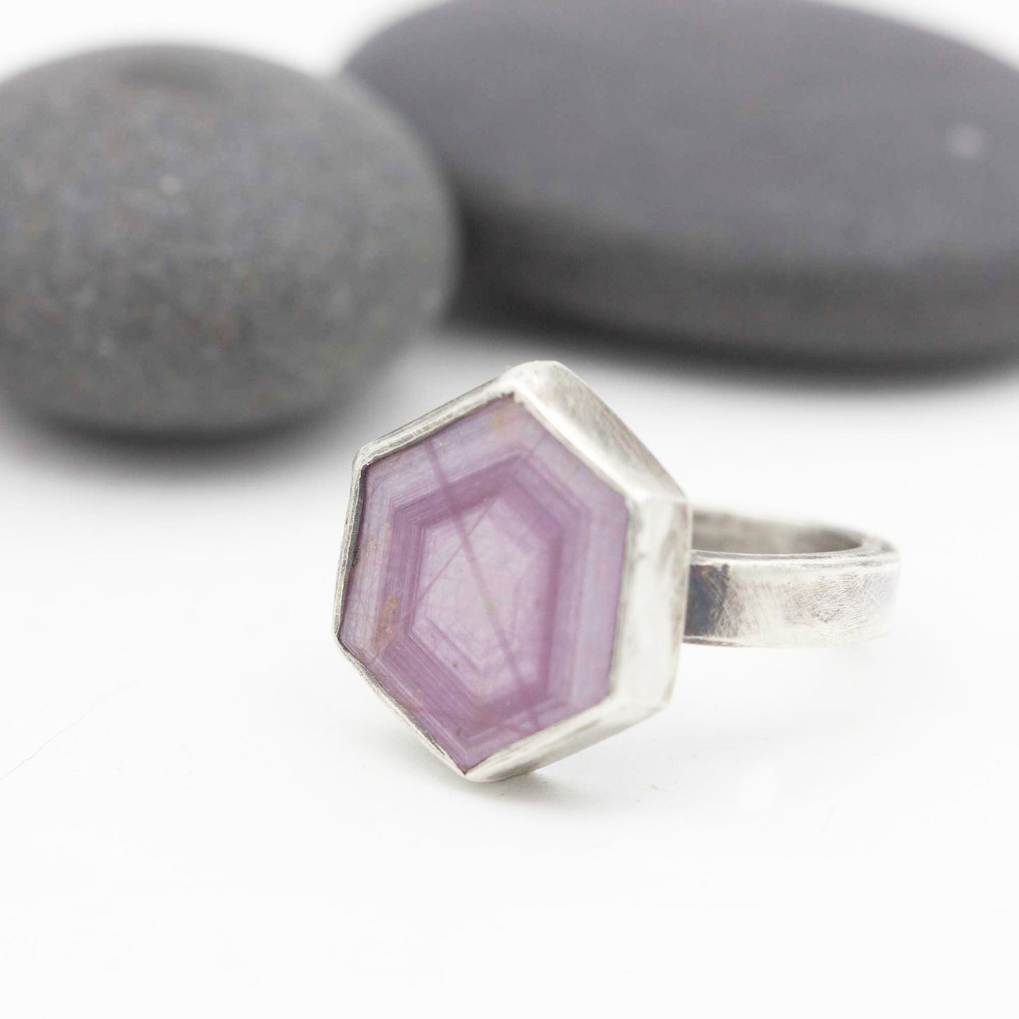 Pink Shimmer Sapphire Hexagon Ring Size 7.75