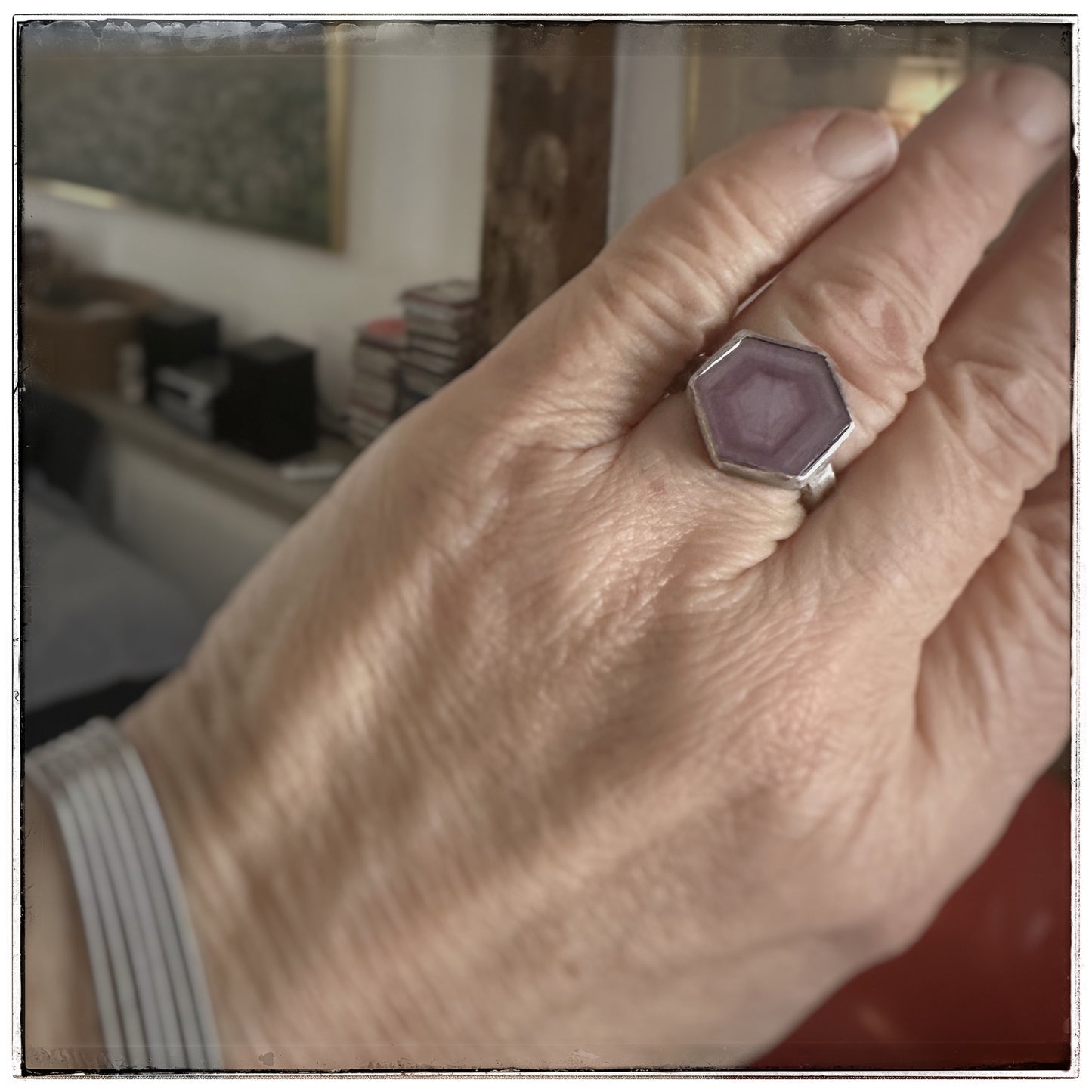 Pink Shimmer Sapphire Hexagon Ring Size 7.75